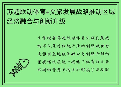 苏超联动体育+文旅发展战略推动区域经济融合与创新升级