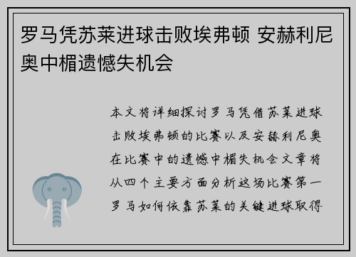 罗马凭苏莱进球击败埃弗顿 安赫利尼奥中楣遗憾失机会